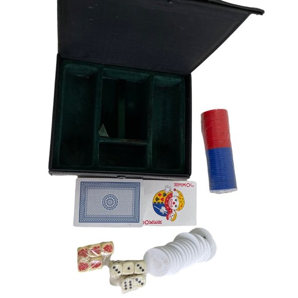 Poker Game Set with Leather Travel Case Chips 2 Card Decks Dice Vintage - Picture 5 of 6